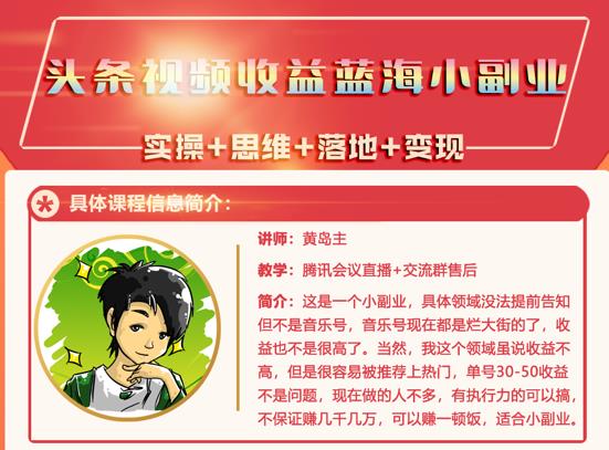 黄岛主·头条视频蓝海小领域副业项目，单号30-50收益不是问题-廉价云资源网