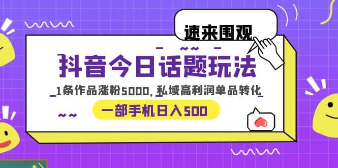 抖音今日话题玩法，1条作品涨粉5000，私域高利润单品转化 一部手机日入500-廉价云资源网
