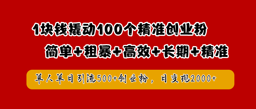 1块钱撬动100个精准创业粉，简单粗暴高效长期精准，单人单日引流500+创业粉，日变现2000+-廉价云资源网
