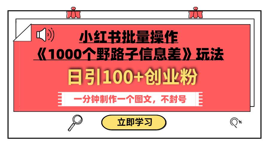 小红书批量操作《1000个野路子信息差》玩法 日引100+创业粉 一分钟一个图文-廉价云资源网