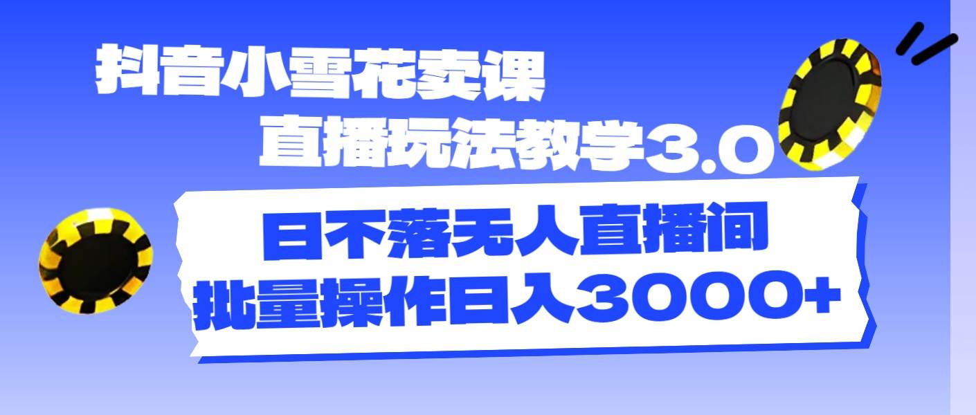 抖音小雪花卖课直播玩法教学3.0，日不落无人直播间，批量操作日入3000+-廉价云资源网