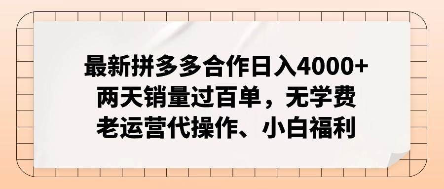 最新拼多多合作日入4000+两天销量过百单，无学费、老运营代操作、小白福利-廉价云资源网