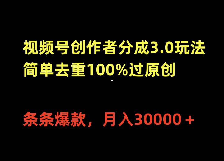 视频号创作者分成3.0玩法，简单去重100%过原创，条条爆款，月入30000＋-廉价云资源网