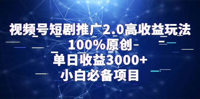 视频号短剧推广2.0高收益玩法，100%原创，单日收益3000+，小白必备项目-廉价云资源网